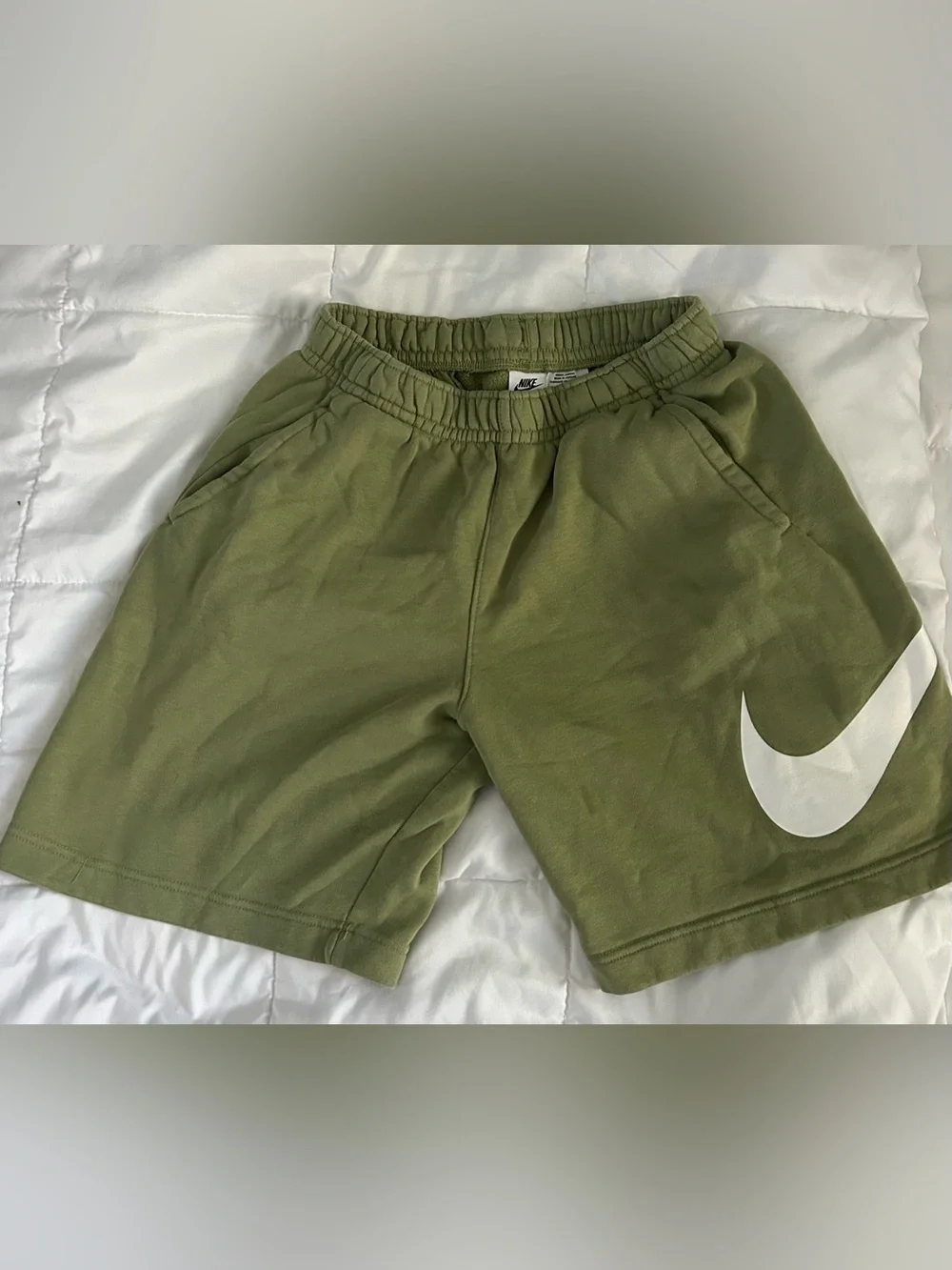 Nike Olive Shorts with White Swoosh Logo
